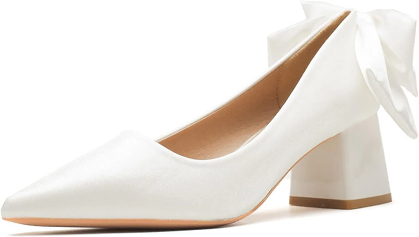 Women's Suede Pointed Toe Chunky Heel Pumps with Bow Classic Slip-On Shallow Non-Slip Mid Block Heel Business Party Dress Shoes