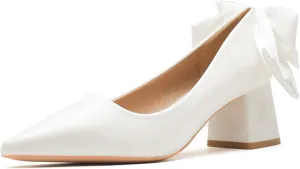 Women's Suede Pointed Toe Chunky Heel Pumps with Bow Classic Slip-On Shallow Non-Slip Mid Block Heel Business Party Dress Shoes