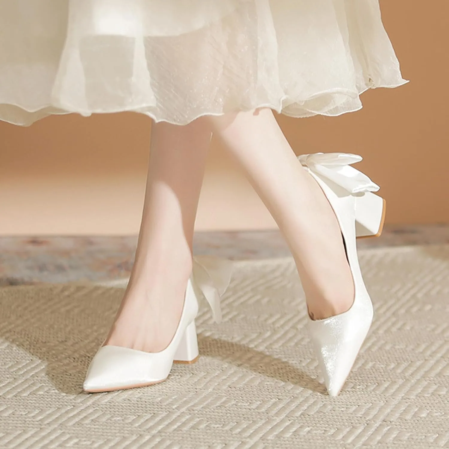 Women's Suede Pointed Toe Chunky Heel Pumps with Bow Classic Slip-On Shallow Non-Slip Mid Block Heel Business Party Dress Shoes