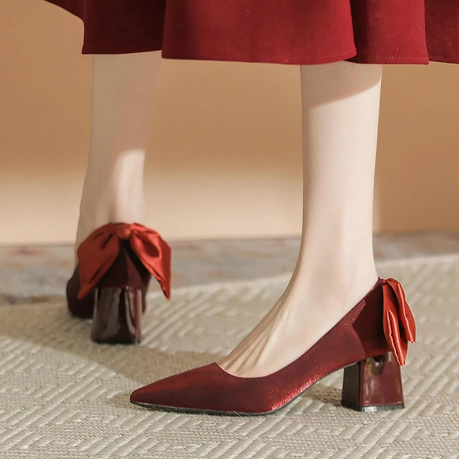 Women's Suede Pointed Toe Chunky Heel Pumps with Bow Classic Slip-On Shallow Non-Slip Mid Block Heel Business Party Dress Shoes