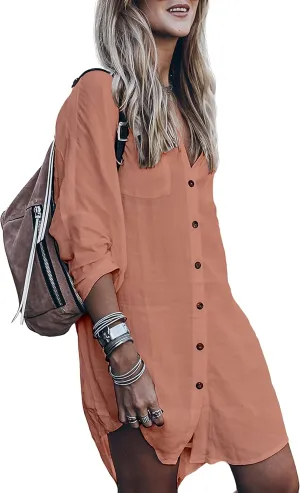 Women’s Swimsuit Cover up,Silky Button Down Shirt Midi Dress Kimono,Summer Bathing Suit Beach Coverups for Women (CP-Aline)
