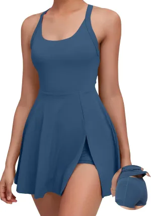Womens Tennis Workout Dress with Open-Back Waistband Shorts Golf Acitve Side Slit Dresses