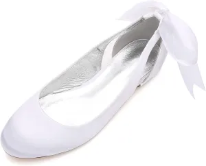 Women's Wedding Shoes Round Toe Slip on Bow Tie Satin Party Evening Ballerina Shoes