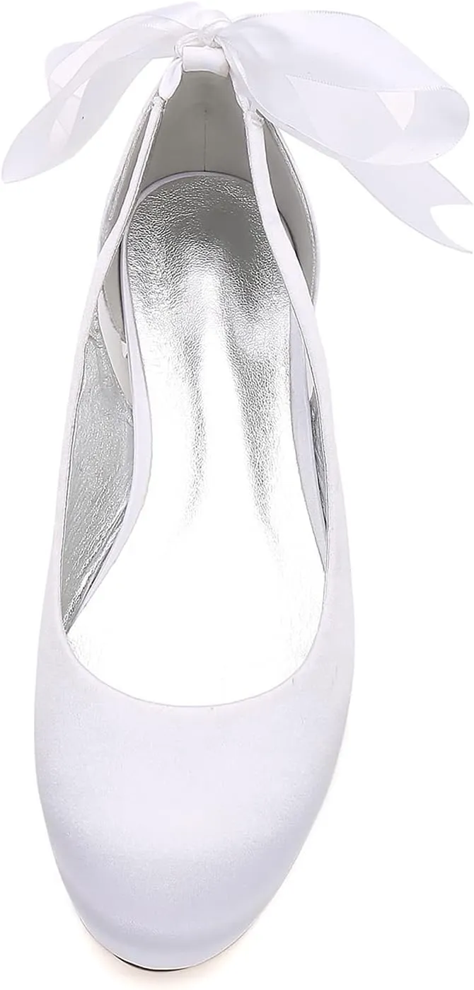 Women's Wedding Shoes Round Toe Slip on Bow Tie Satin Party Evening Ballerina Shoes