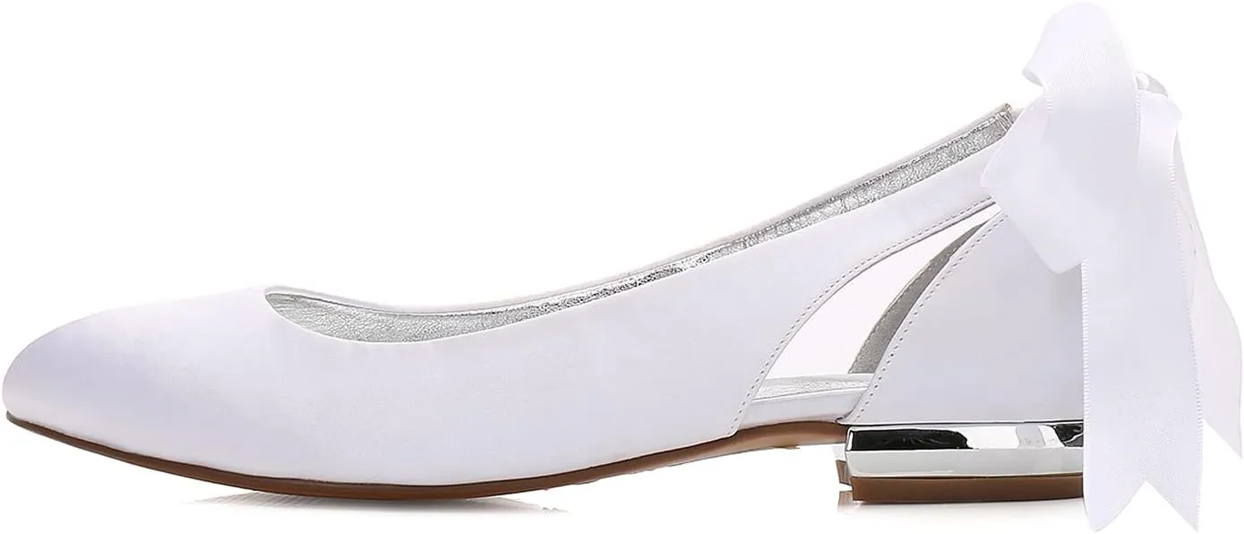 Women's Wedding Shoes Round Toe Slip on Bow Tie Satin Party Evening Ballerina Shoes