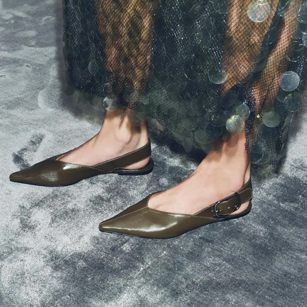 Women's Wide Welt Buckle Ballet Flats Pointed Toe Slingback Mules Mary Jane Flat Ballerina Shoes