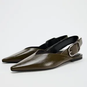 Women's Wide Welt Buckle Ballet Flats Pointed Toe Slingback Mules Mary Jane Flat Ballerina Shoes