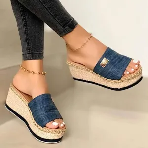 Womenyiaor Platform Sandals Women Wedges Sandals Slip on Wedge Sandals Platform Slides Platform Espadrilles Sandals Casual Open Toe Sandals (A-Blue, 8.5)