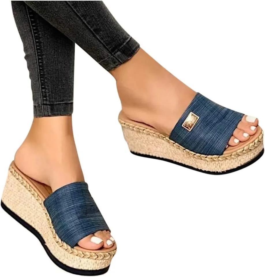 Womenyiaor Platform Sandals Women Wedges Sandals Slip on Wedge Sandals Platform Slides Platform Espadrilles Sandals Casual Open Toe Sandals (A-Blue, 8.5)