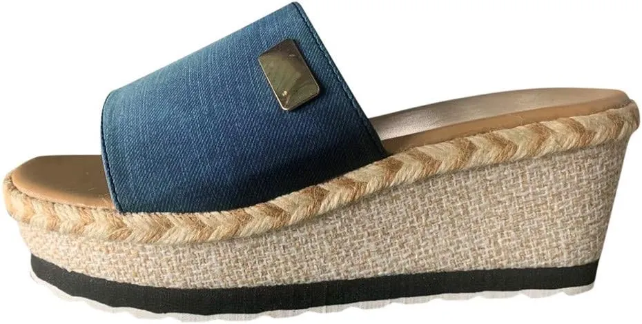 Womenyiaor Platform Sandals Women Wedges Sandals Slip on Wedge Sandals Platform Slides Platform Espadrilles Sandals Casual Open Toe Sandals (A-Blue, 8.5)