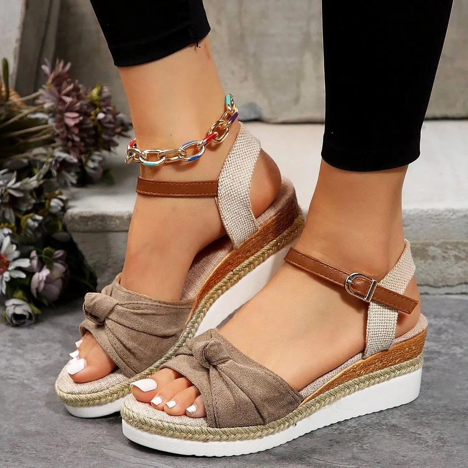 Womenyiaor Wedge Sandals for Women, Espadrilles for Women Open Toe Ankle Strap Wedge Heels Sandals Dressy Summer Platform Sandals Comfortable Slip on Sandals Orthopedic Sandals Casual (A-Khaki, 8)