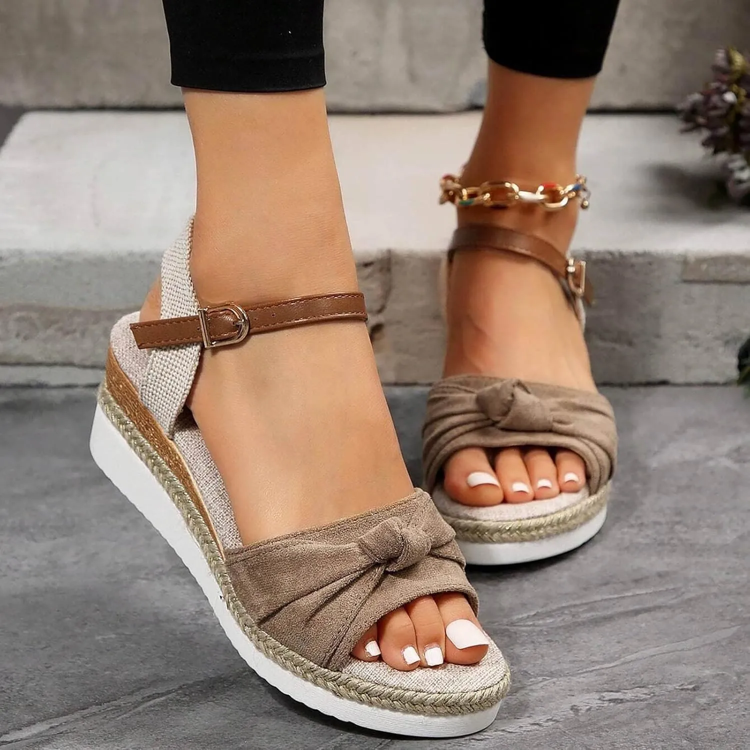Womenyiaor Wedge Sandals for Women, Espadrilles for Women Open Toe Ankle Strap Wedge Heels Sandals Dressy Summer Platform Sandals Comfortable Slip on Sandals Orthopedic Sandals Casual (A-Khaki, 8)