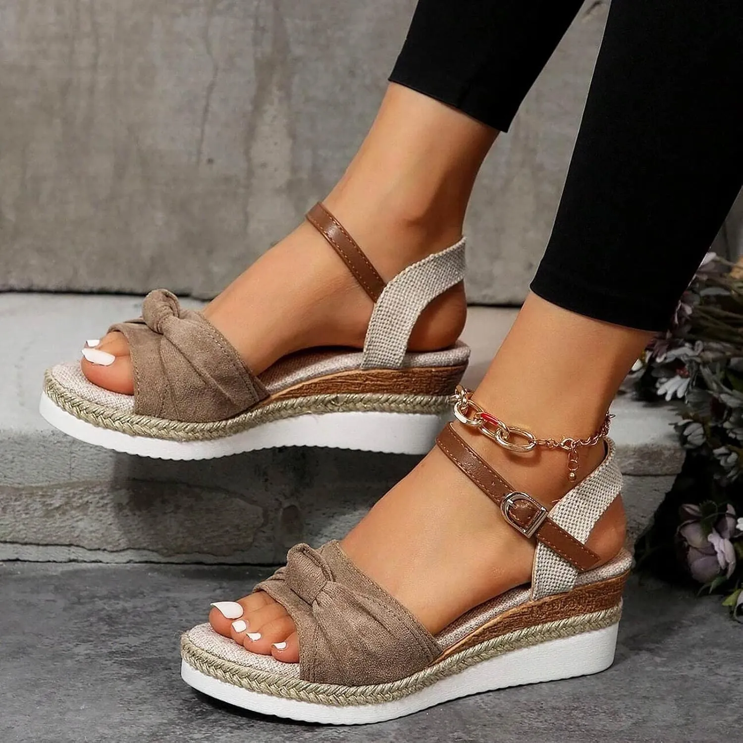 Womenyiaor Wedge Sandals for Women, Espadrilles for Women Open Toe Ankle Strap Wedge Heels Sandals Dressy Summer Platform Sandals Comfortable Slip on Sandals Orthopedic Sandals Casual (A-Khaki, 8)