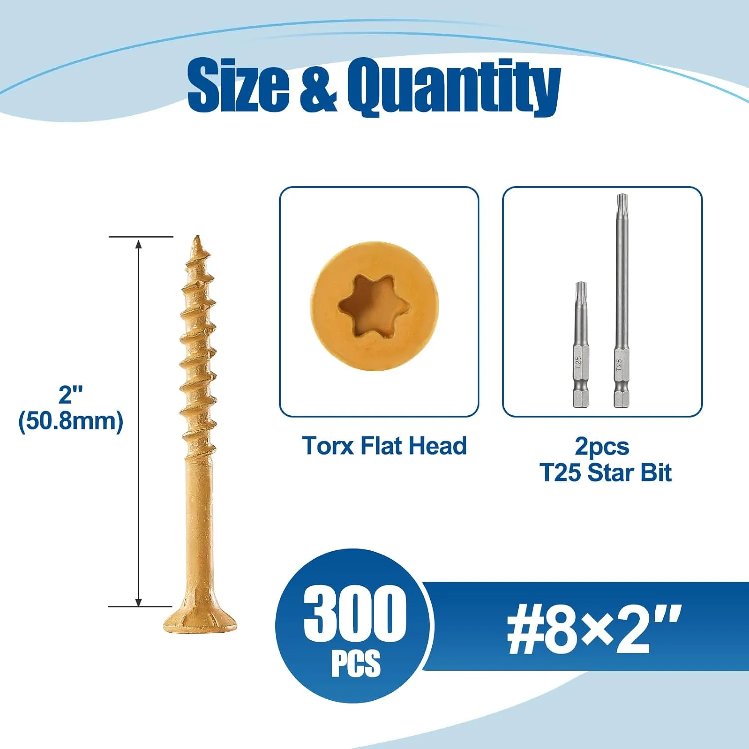 Wood Screws #8×2", 300 Pcs, Deck Screws, Rust Resistant, Exterior Epoxy Coated, Outdoor Decking Screws, Torx/Star Drive Head Deck Screw, 2 Pcs T25 Star Bit Included, Tan