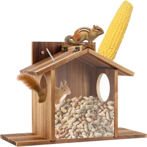 Wood Squirrel Feeders for Outside, Squirrel House with Corn Cob Holder, Squirrel Chipmunk Feeder for Corn, Peanuts, Easy to Fill(Color:Wood)