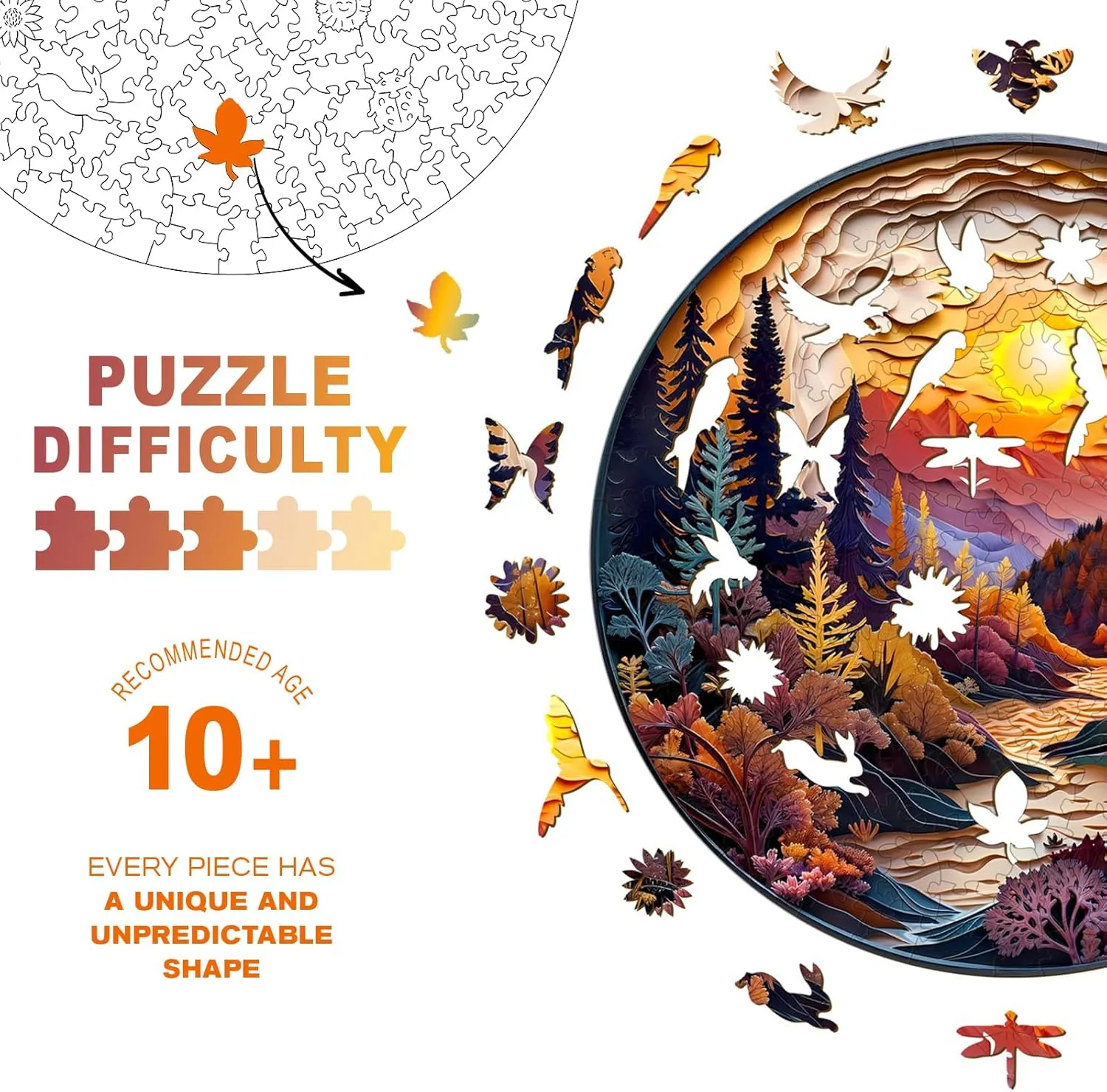 Wooden Puzzles for Adults, Unique Animal Shaped Sunset Forest Adult Puzzle, 3D Vision Wooden Jigsaw Puzzles Adult, Challenging Creative Gifts Family Games 8.5 * 8.5in 100pcs