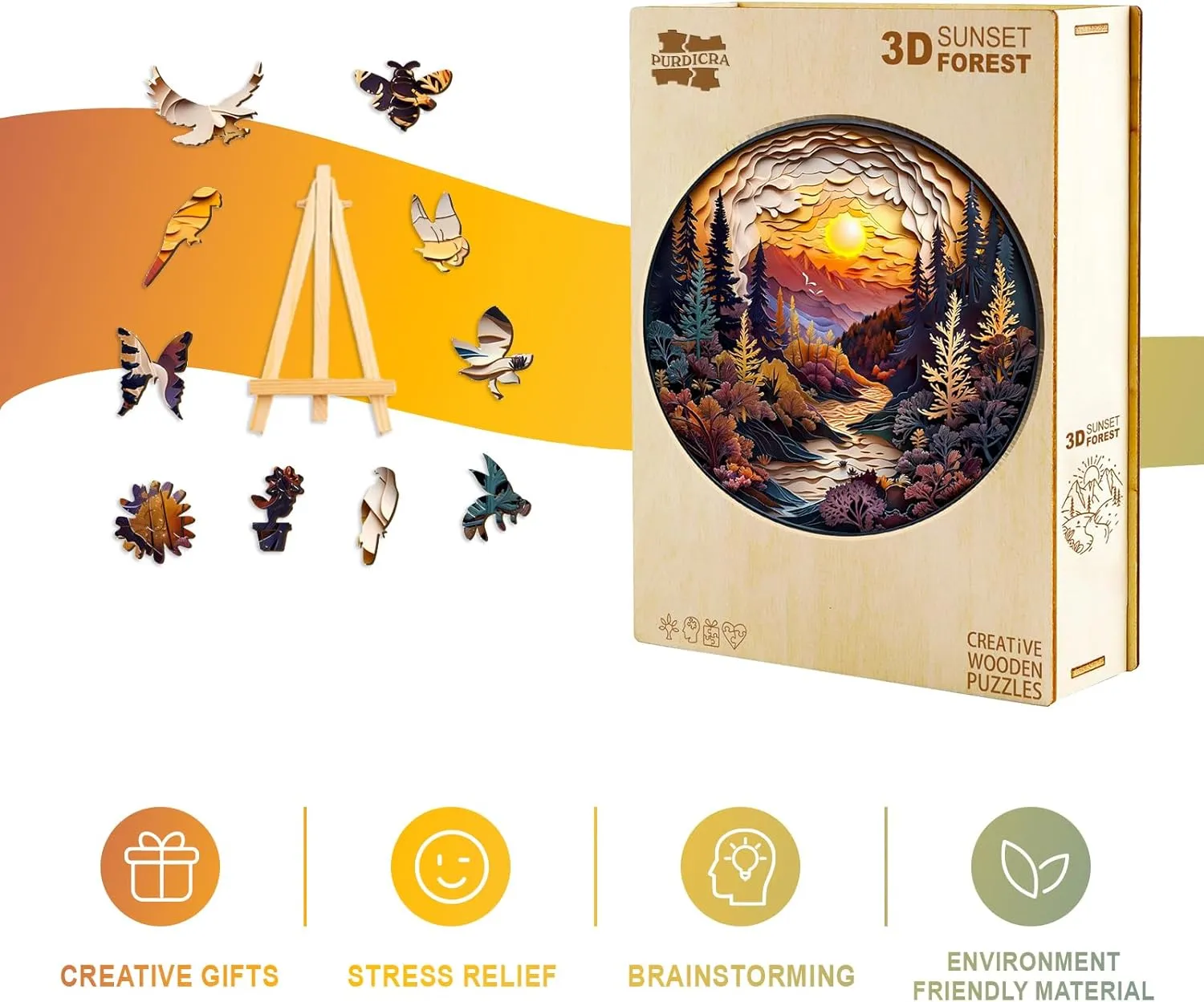 Wooden Puzzles for Adults, Unique Animal Shaped Sunset Forest Adult Puzzle, 3D Vision Wooden Jigsaw Puzzles Adult, Challenging Creative Gifts Family Games 8.5 * 8.5in 100pcs