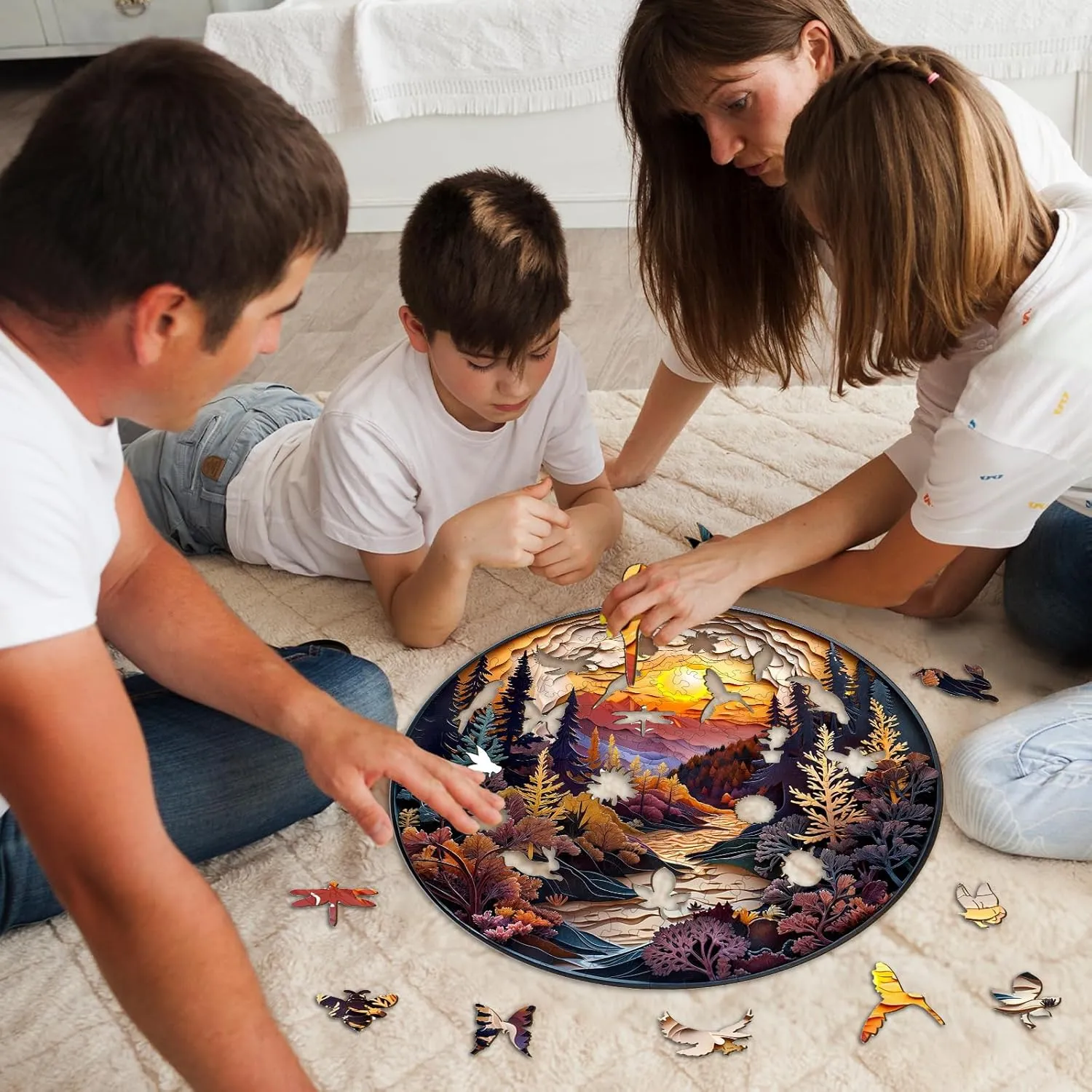 Wooden Puzzles for Adults, Unique Animal Shaped Sunset Forest Adult Puzzle, 3D Vision Wooden Jigsaw Puzzles Adult, Challenging Creative Gifts Family Games 8.5 * 8.5in 100pcs