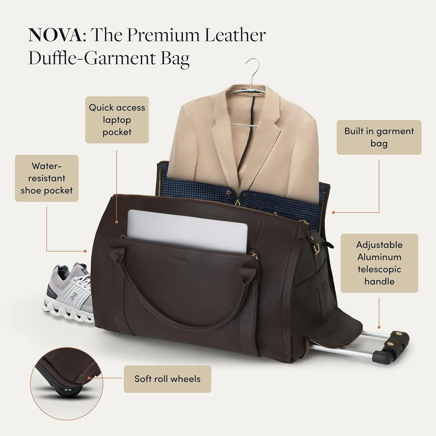 Wool & Oak - NOVA Large Duffle Bag with Wheels - Carry On Garment Duffle Bags for Travel, Overnight, Hospital, Travel Bags for Women & Men with Shoe Compartment, Tech Pocket (Leather, Jet Black)