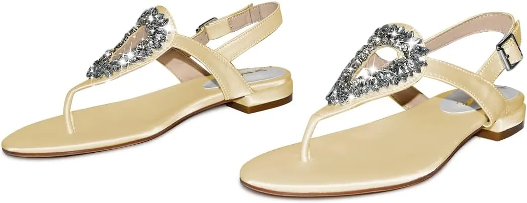 XYD Women Crystal Wedding Sandals with Rhinestone Flip-flop Beach Dressy Diamond Bridal Comfortable Walking Flats Satin Shoes