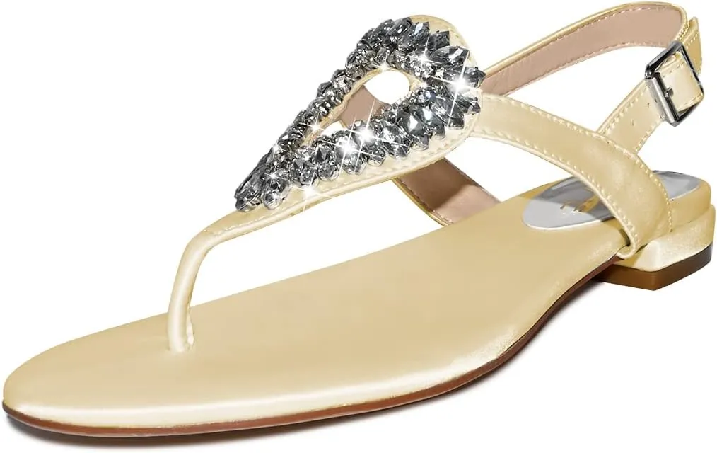 XYD Women Crystal Wedding Sandals with Rhinestone Flip-flop Beach Dressy Diamond Bridal Comfortable Walking Flats Satin Shoes