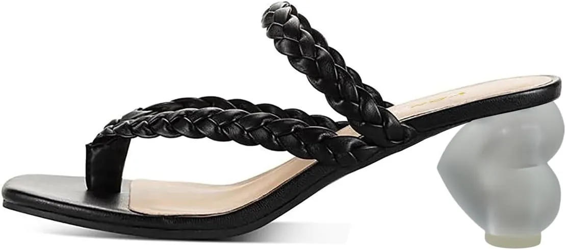 YDN Women Dressy Ankle Strap Flip Flop Square Open Toe Mules Slip On Sandals Braid Slippers Heart Shape Frosted Transparent Chunky Mid Heels Shoes Party Daily Size 4-15 US