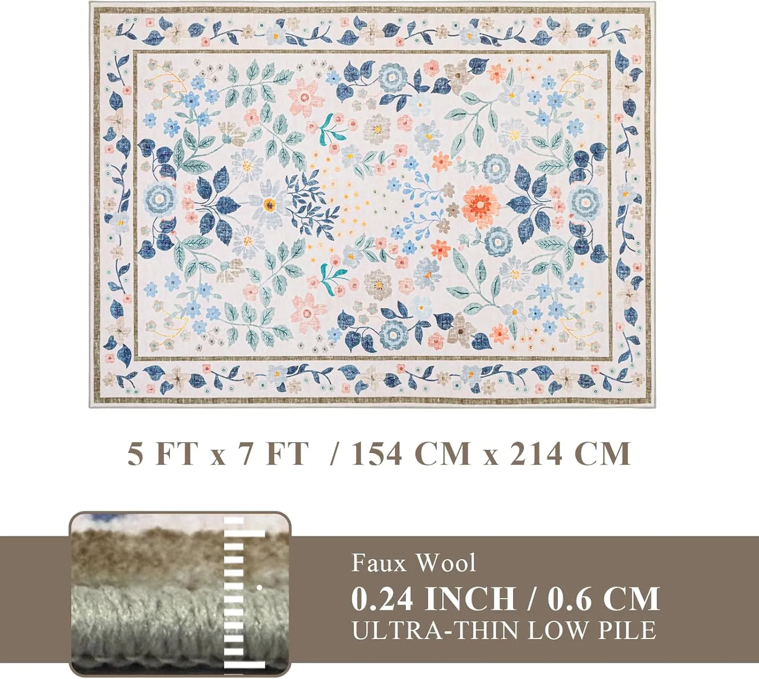 YIHOUSE Floral Pink 5x7 Washable Living Room Area Rug, Non Slip Boho Soft Bedroom Rug, Ultra Thin Colorful Flower Throw Carpet for Nursery Kids Room Playroom Girls Room Pink,5'x7'