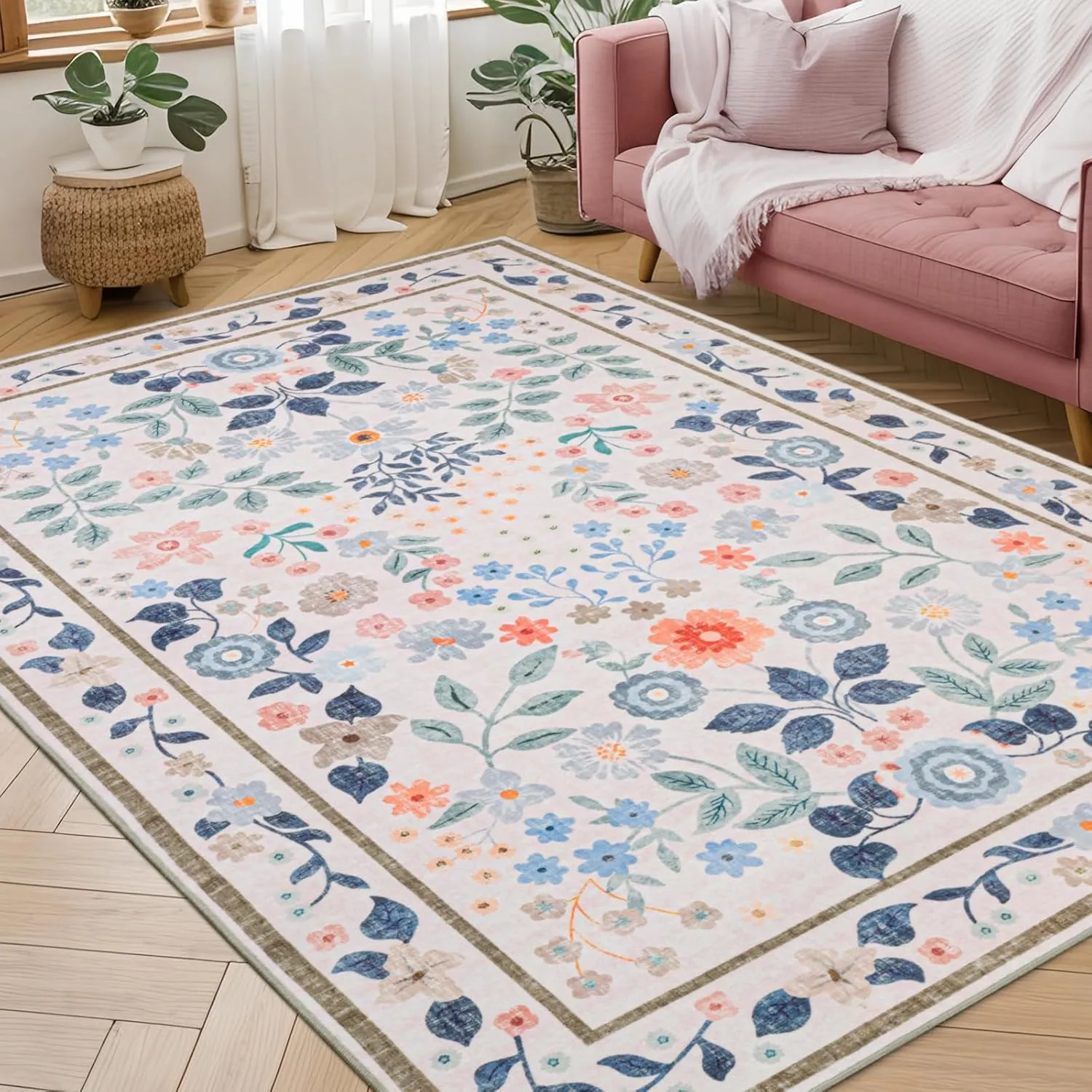 YIHOUSE Floral Pink 5x7 Washable Living Room Area Rug, Non Slip Boho Soft Bedroom Rug, Ultra Thin Colorful Flower Throw Carpet for Nursery Kids Room Playroom Girls Room Pink,5'x7'