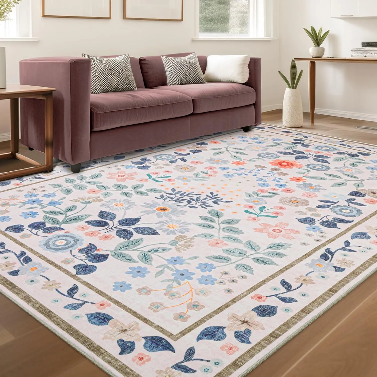 YIHOUSE Floral Pink 5x7 Washable Living Room Area Rug, Non Slip Boho Soft Bedroom Rug, Ultra Thin Colorful Flower Throw Carpet for Nursery Kids Room Playroom Girls Room Pink,5'x7'