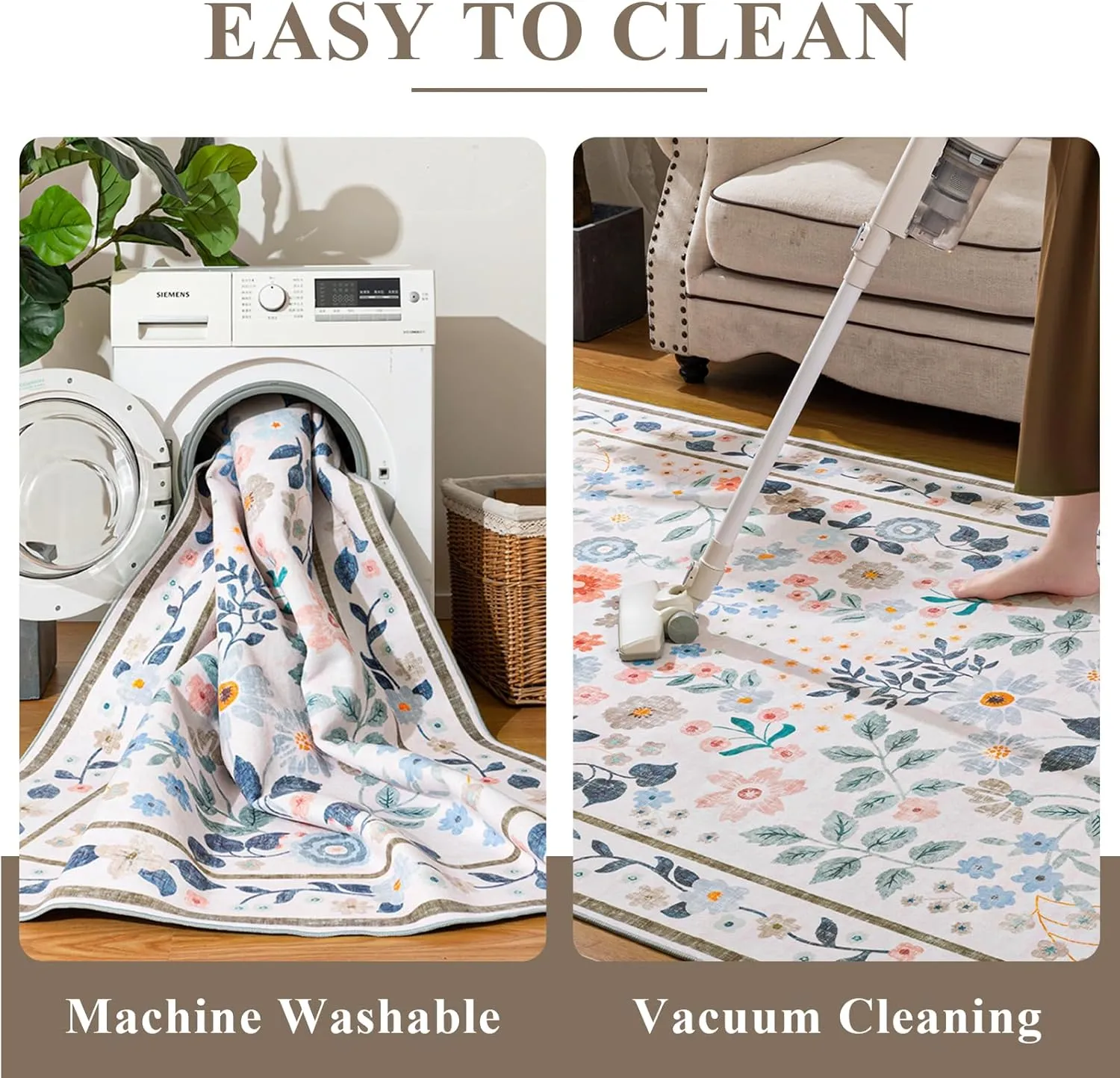 YIHOUSE Floral Pink 5x7 Washable Living Room Area Rug, Non Slip Boho Soft Bedroom Rug, Ultra Thin Colorful Flower Throw Carpet for Nursery Kids Room Playroom Girls Room Pink,5'x7'