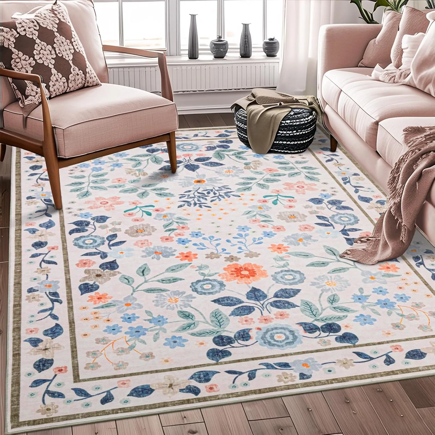 YIHOUSE Floral Pink 5x7 Washable Living Room Area Rug, Non Slip Boho Soft Bedroom Rug, Ultra Thin Colorful Flower Throw Carpet for Nursery Kids Room Playroom Girls Room Pink,5'x7'