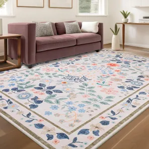 YIHOUSE Floral Pink 5x7 Washable Living Room Area Rug, Non Slip Boho Soft Bedroom Rug, Ultra Thin Colorful Flower Throw Carpet for Nursery Kids Room Playroom Girls Room Pink,5'x7'