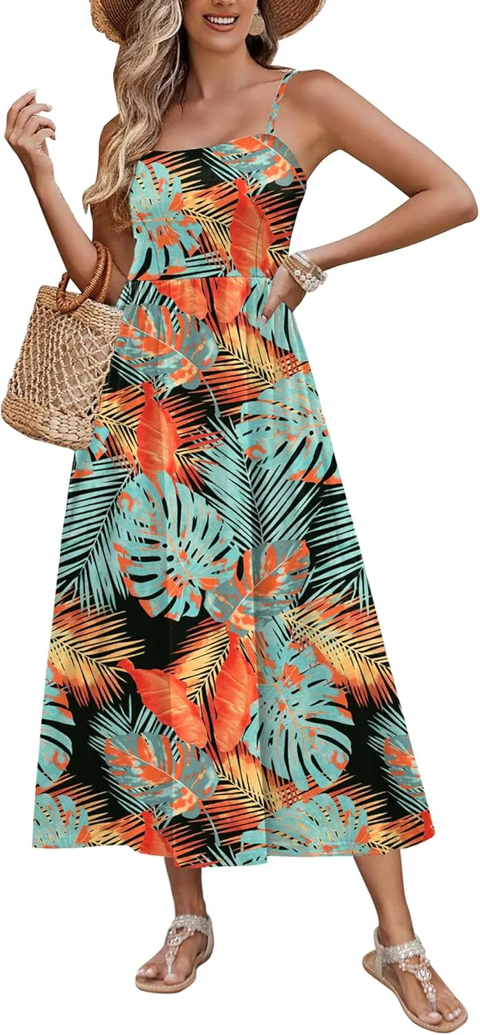 Zeagoo Women's Summer Casual Boho Sundress Spaghetti Strap Square Neck Flowy Midi Dresses A Line Beach Dress with Pockets
