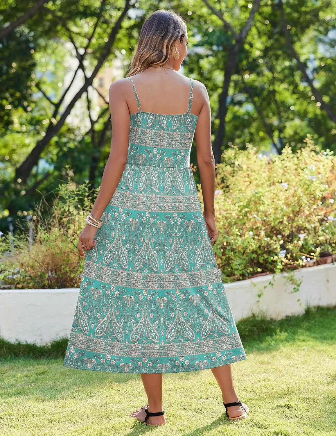 Zeagoo Women's Summer Casual Boho Sundress Spaghetti Strap Square Neck Flowy Midi Dresses A Line Beach Dress with Pockets