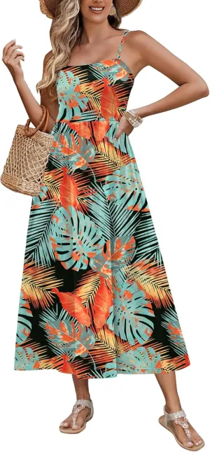 Zeagoo Women's Summer Casual Boho Sundress Spaghetti Strap Square Neck Flowy Midi Dresses A Line Beach Dress with Pockets