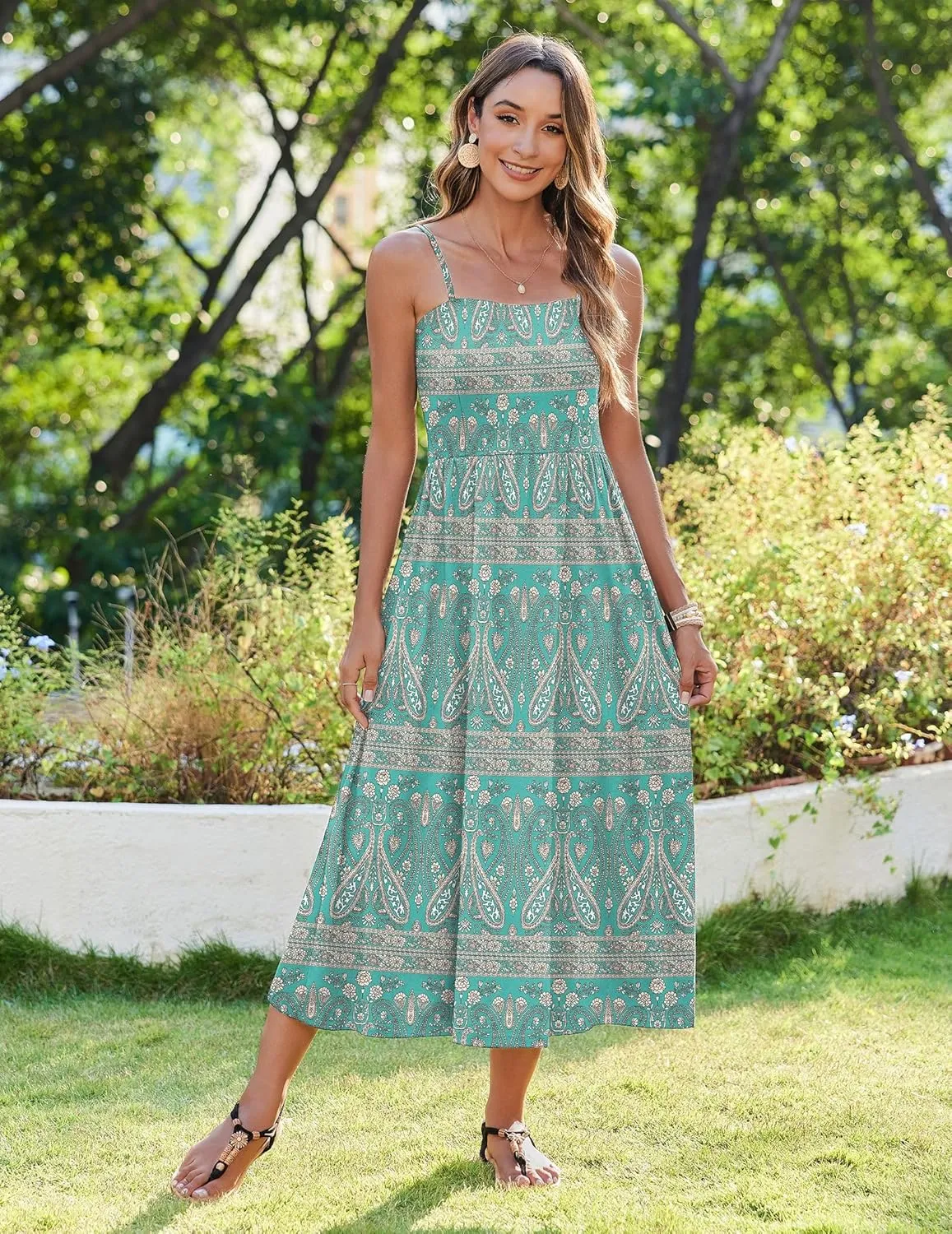 Zeagoo Women's Summer Casual Boho Sundress Spaghetti Strap Square Neck Flowy Midi Dresses A Line Beach Dress with Pockets