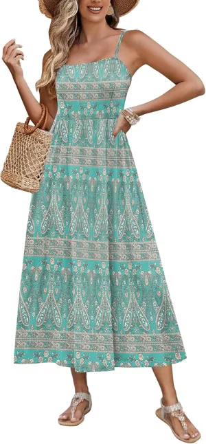 Zeagoo Women's Summer Casual Boho Sundress Spaghetti Strap Square Neck Flowy Midi Dresses A Line Beach Dress with Pockets