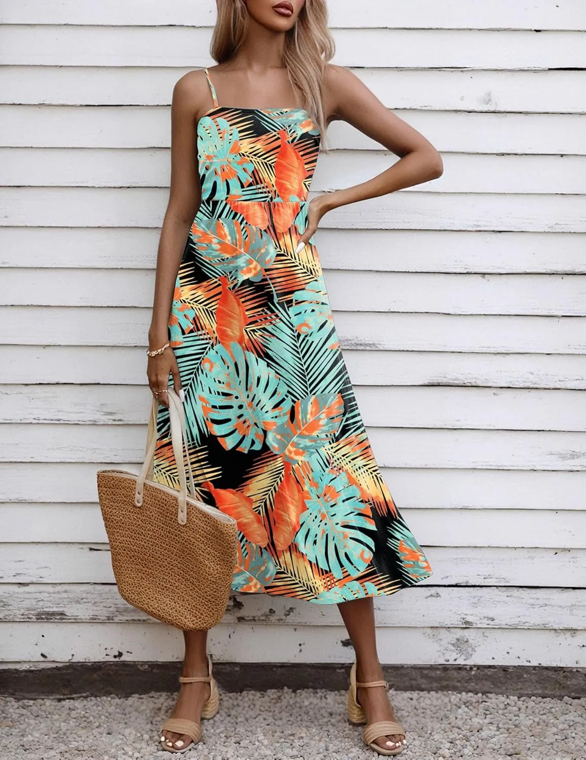 Zeagoo Women's Summer Casual Boho Sundress Spaghetti Strap Square Neck Flowy Midi Dresses A Line Beach Dress with Pockets