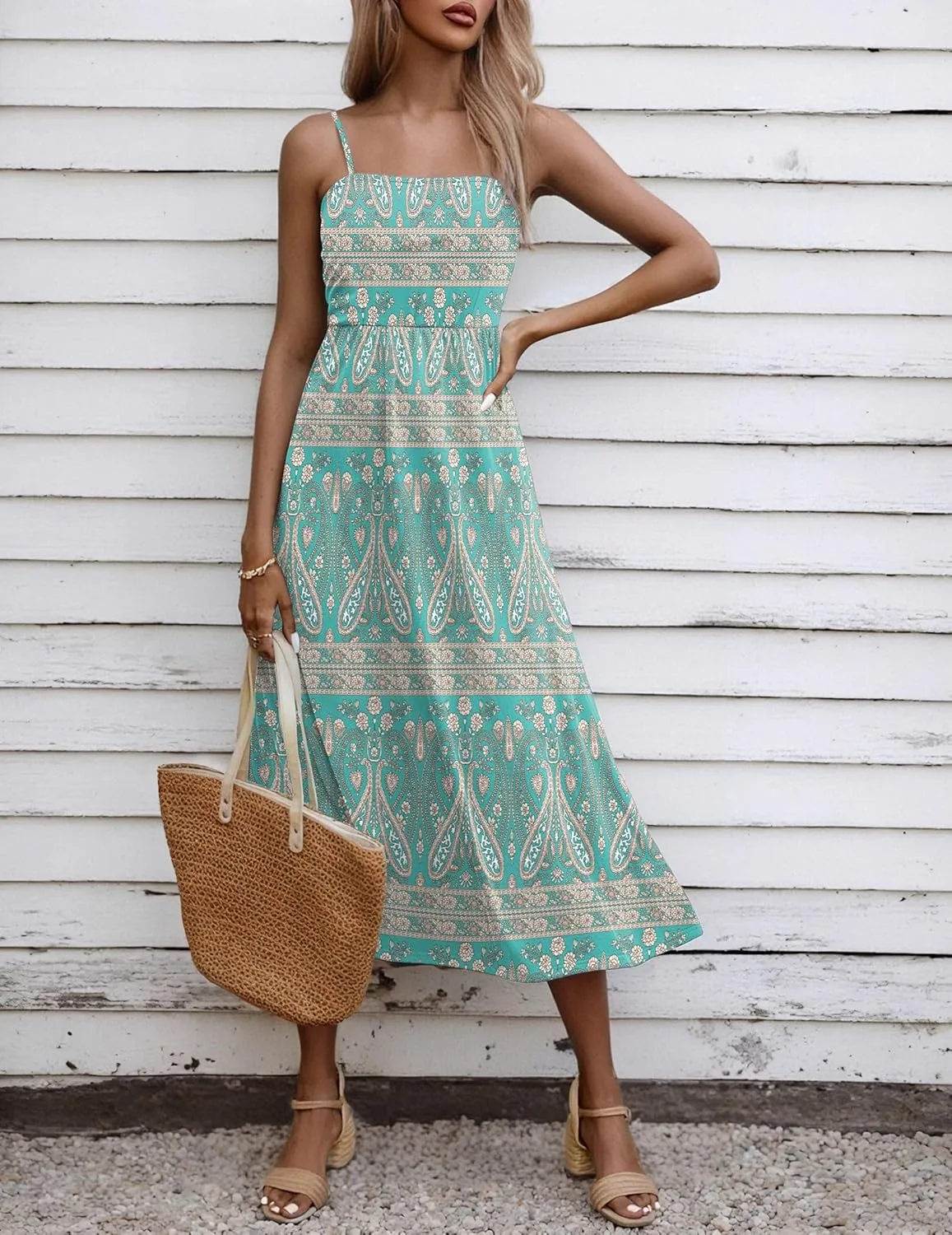 Zeagoo Women's Summer Casual Boho Sundress Spaghetti Strap Square Neck Flowy Midi Dresses A Line Beach Dress with Pockets