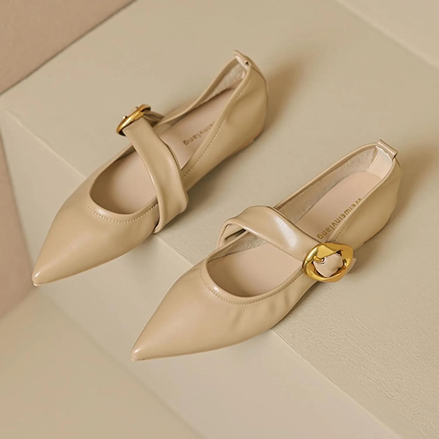 Zeberfi Women's Leather Mary Jane Flat Shoes with Adjust Metal Buckle Fashion Closed Pointed Toe Shallow Mouth Slip On Comfortable Luxury Business Wedding Dress Shoes
