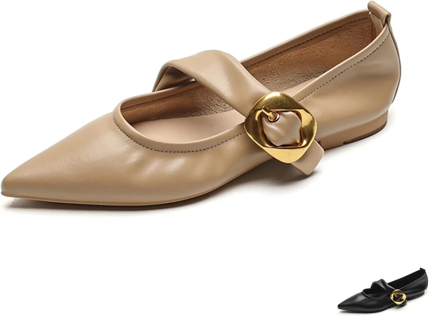 Zeberfi Women's Leather Mary Jane Flat Shoes with Adjust Metal Buckle Fashion Closed Pointed Toe Shallow Mouth Slip On Comfortable Luxury Business Wedding Dress Shoes