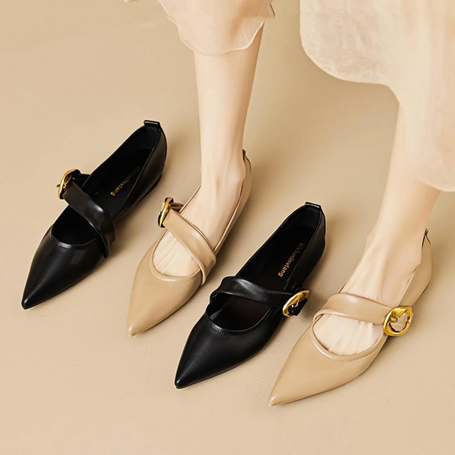 Zeberfi Women's Leather Mary Jane Flat Shoes with Adjust Metal Buckle Fashion Closed Pointed Toe Shallow Mouth Slip On Comfortable Luxury Business Wedding Dress Shoes