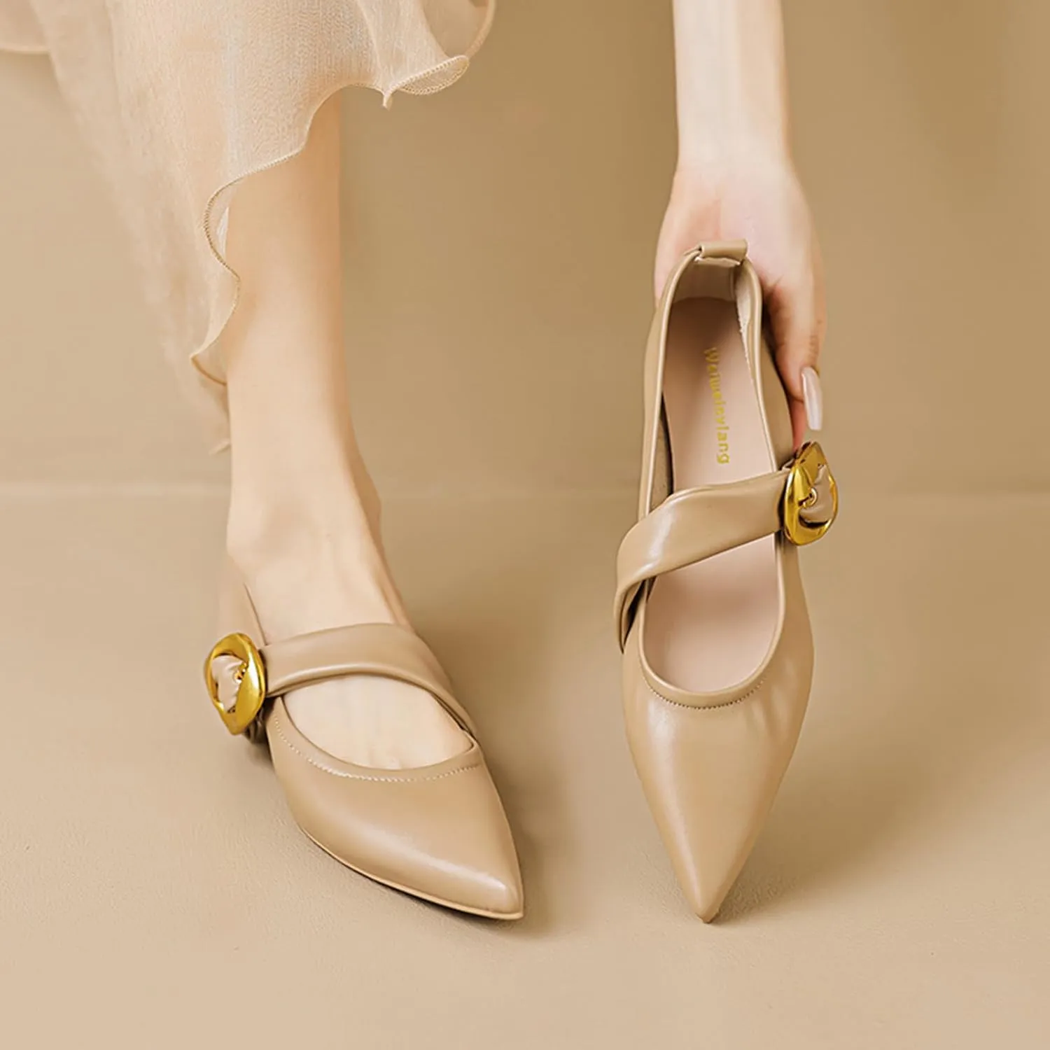 Zeberfi Women's Leather Mary Jane Flat Shoes with Adjust Metal Buckle Fashion Closed Pointed Toe Shallow Mouth Slip On Comfortable Luxury Business Wedding Dress Shoes