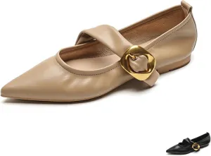 Zeberfi Women's Leather Mary Jane Flat Shoes with Adjust Metal Buckle Fashion Closed Pointed Toe Shallow Mouth Slip On Comfortable Luxury Business Wedding Dress Shoes