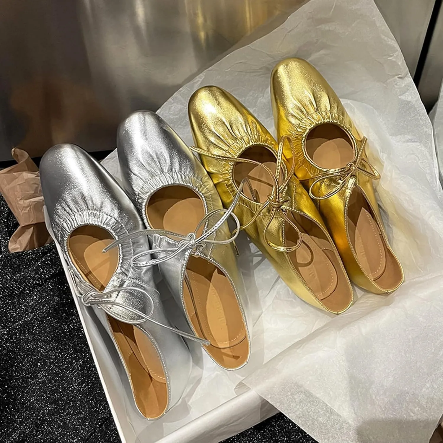 Zeberfi Women's Shiny Leather Mary Jane Flats Fashion Lace Up Closed Round Toe Shallow Mouth Ballet Shoes Retro Comfortable Lightweight Casual Shoes