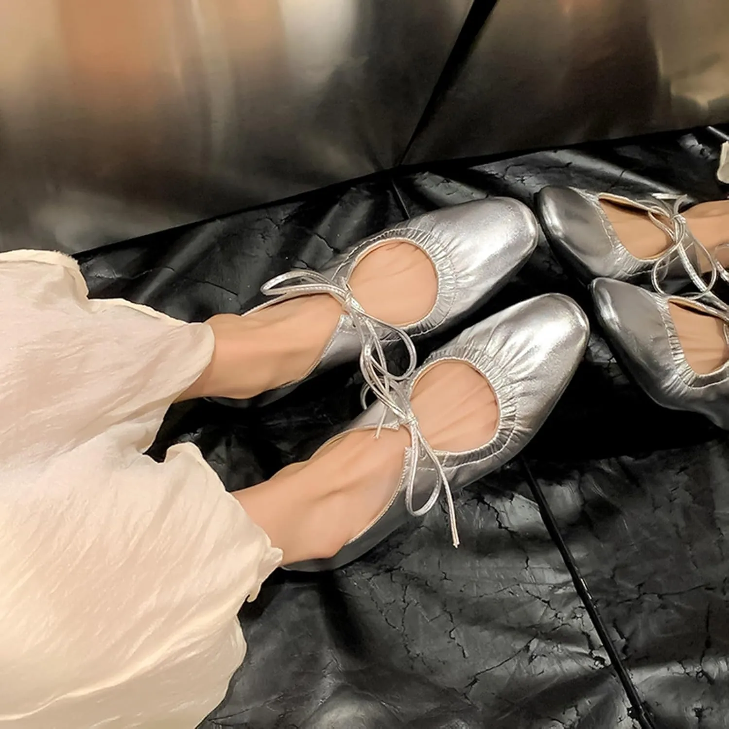 Zeberfi Women's Shiny Leather Mary Jane Flats Fashion Lace Up Closed Round Toe Shallow Mouth Ballet Shoes Retro Comfortable Lightweight Casual Shoes