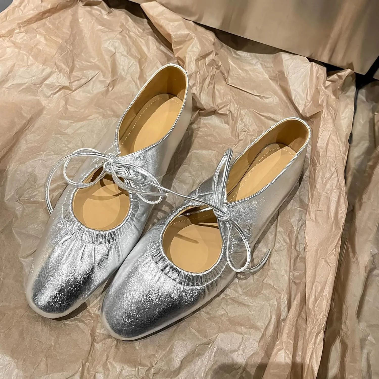 Zeberfi Women's Shiny Leather Mary Jane Flats Fashion Lace Up Closed Round Toe Shallow Mouth Ballet Shoes Retro Comfortable Lightweight Casual Shoes