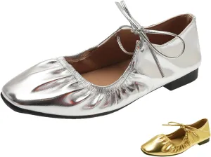 Zeberfi Women's Shiny Leather Mary Jane Flats Fashion Lace Up Closed Round Toe Shallow Mouth Ballet Shoes Retro Comfortable Lightweight Casual Shoes