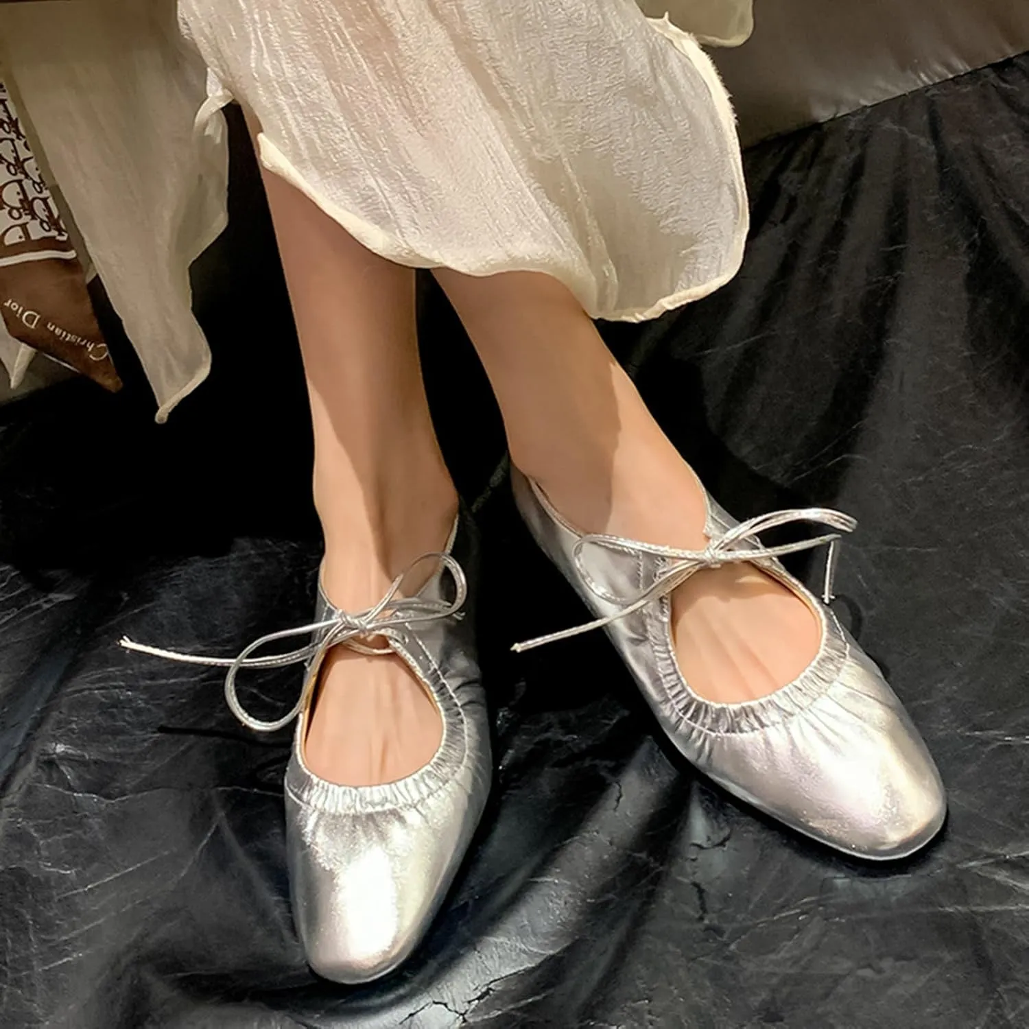 Zeberfi Women's Shiny Leather Mary Jane Flats Fashion Lace Up Closed Round Toe Shallow Mouth Ballet Shoes Retro Comfortable Lightweight Casual Shoes