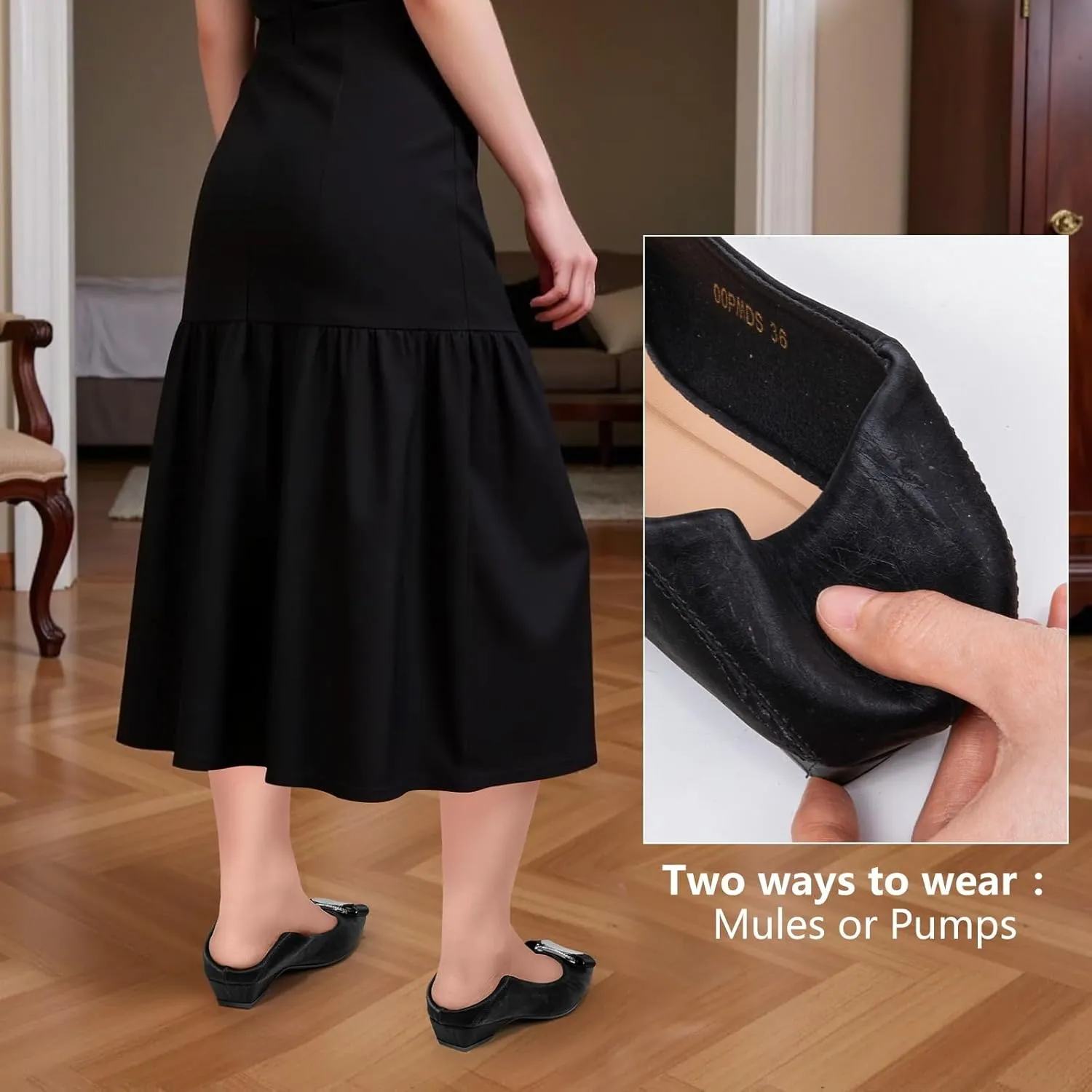 Zelaprox Women Black Pumps Shoes Chunky Low Heels Dressy Casual Square Toe Flats Slip On Work Flat Shoes Pointed Closed Toe Bow Knot Comfortable for Business Bridal Prom Office